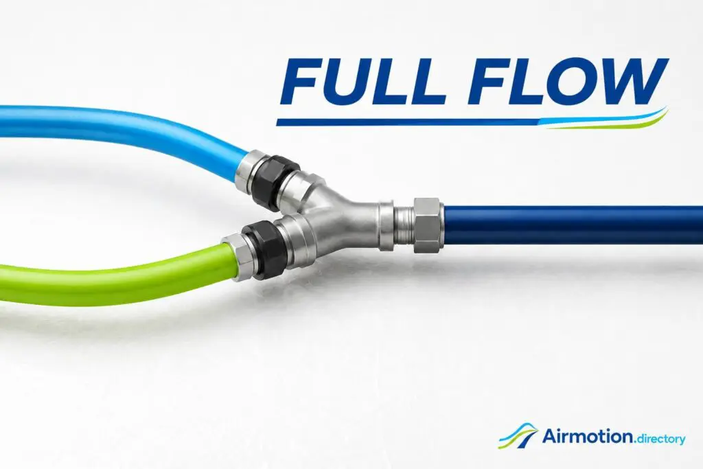 Full Flow by Air Motion Directory, illustrated by two pneumatic air lines joining into one controlled flow.