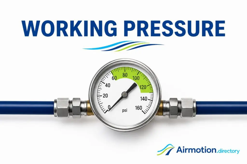 Working Pressure by Air Motion Directory, illustrated by a pneumatic pressure gauge operating in the green range.