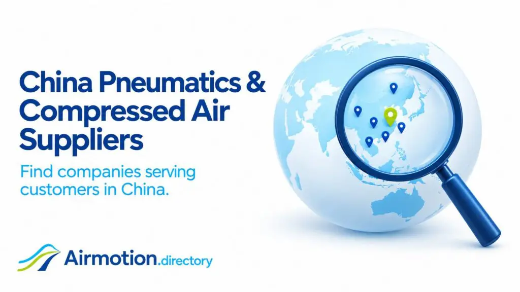 Find pneumatic and compressed-air suppliers serving China, illustrated with a magnifying glass and location pins on a globe.