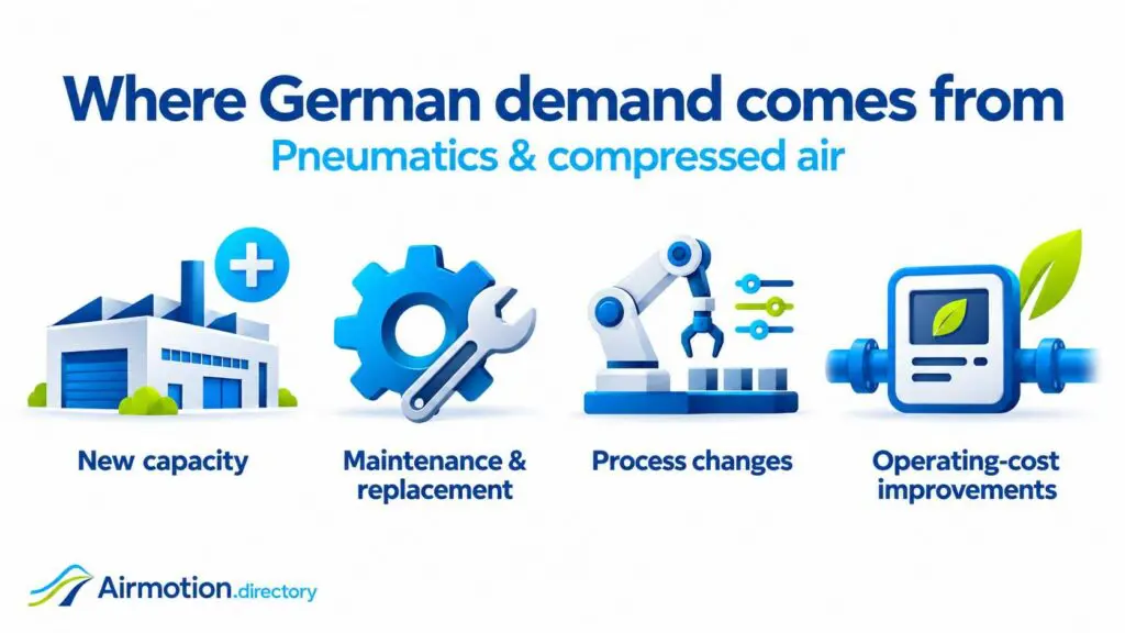 Four sources of German equipment demand: new capacity, maintenance and replacement, process changes, and operating-cost improvements.