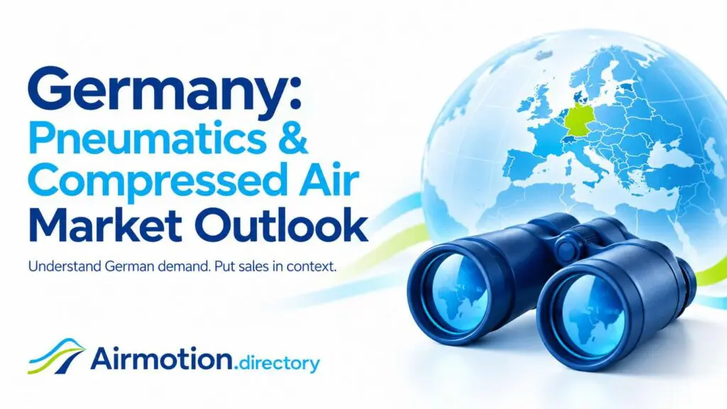 Germany pneumatics and compressed-air market outlook, illustrated with binoculars and Germany highlighted on a globe.