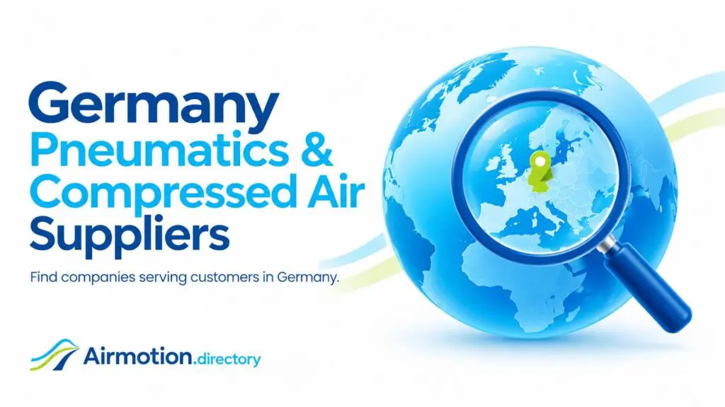 Find pneumatic and compressed-air suppliers serving Germany, illustrated with a magnifying glass and location pin.