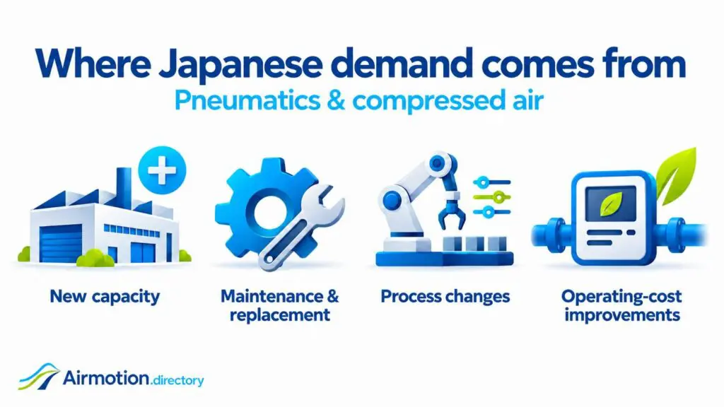 Four sources of Japanese equipment demand: new capacity, maintenance and replacement, process changes, and operating-cost improvements.