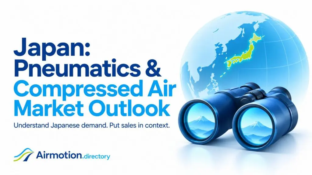 Japan pneumatics and compressed-air market outlook, illustrated with binoculars and Japan highlighted on a globe.