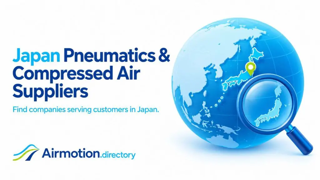 Find pneumatic and compressed-air suppliers serving Japan, illustrated with a magnifying glass and location pin.