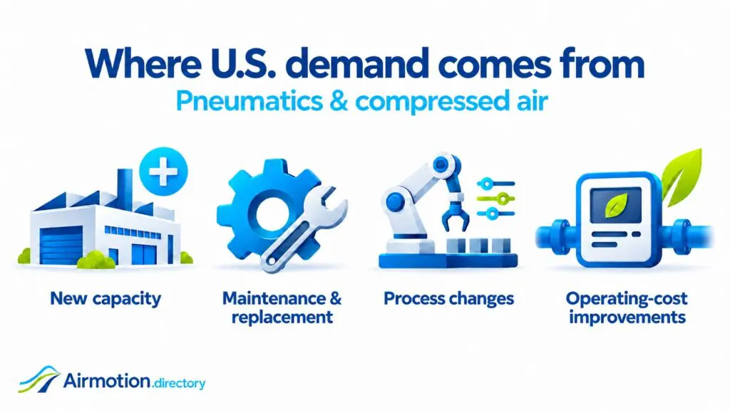 Four sources of U.S. pneumatic and compressed-air equipment demand: new capacity, maintenance and replacement, process changes, and operating-cost improvements.