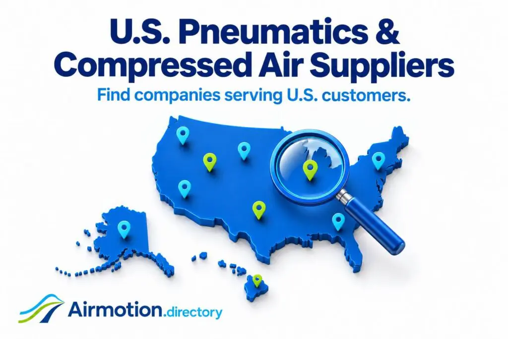 United States map, including Alaska and Hawaii, with location pins and a magnifying glass representing pneumatic and compressed-air supplier discovery.