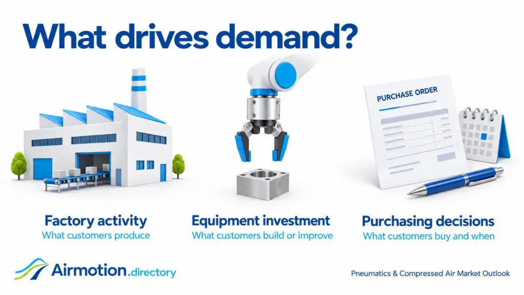 Three drivers of pneumatic and compressed-air demand: factory activity, equipment investment and purchasing decisions.