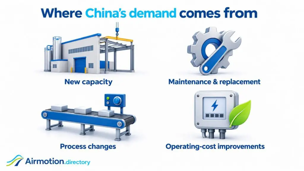 Four sources of China’s equipment demand: new capacity, maintenance and replacement, process changes, and operating-cost improvements.