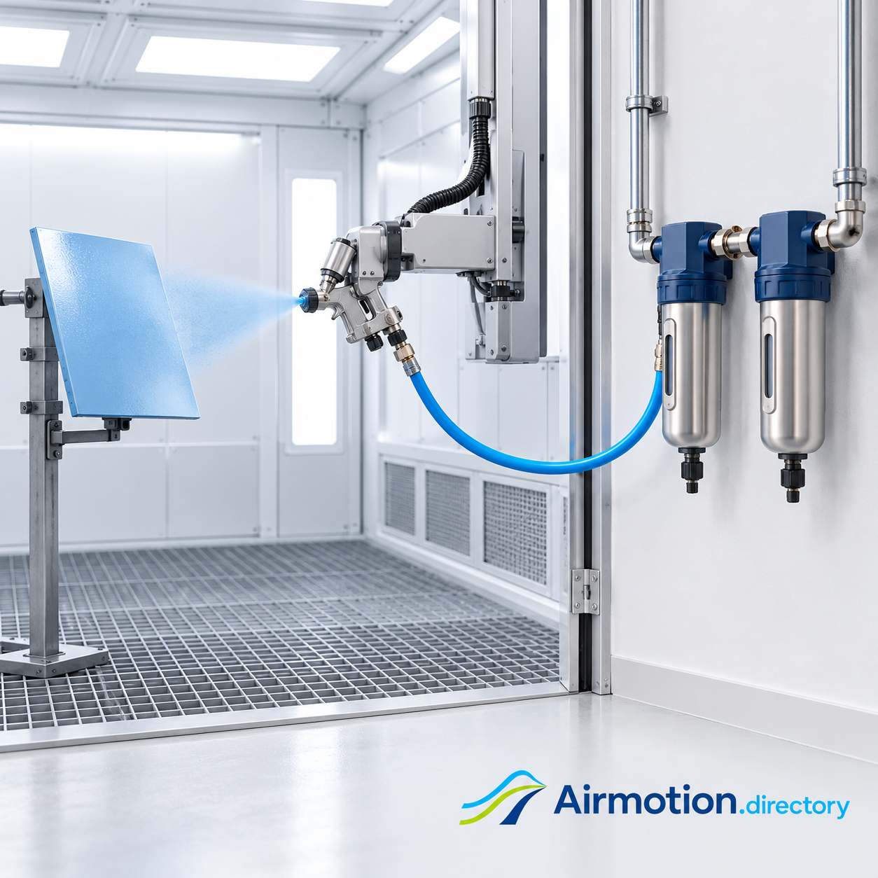 Illustration of inline compressed-air filters supplying an automated paint spray gun in a finishing booth.