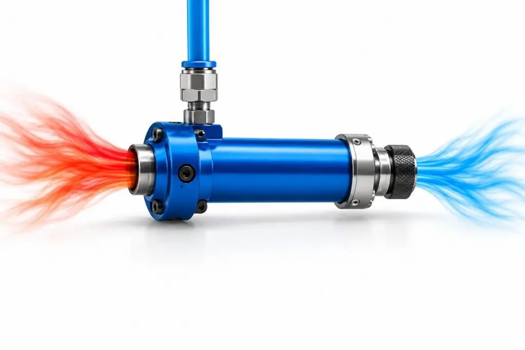 Vortex tube illustration showing compressed-air input and separate hot and cold air streams.