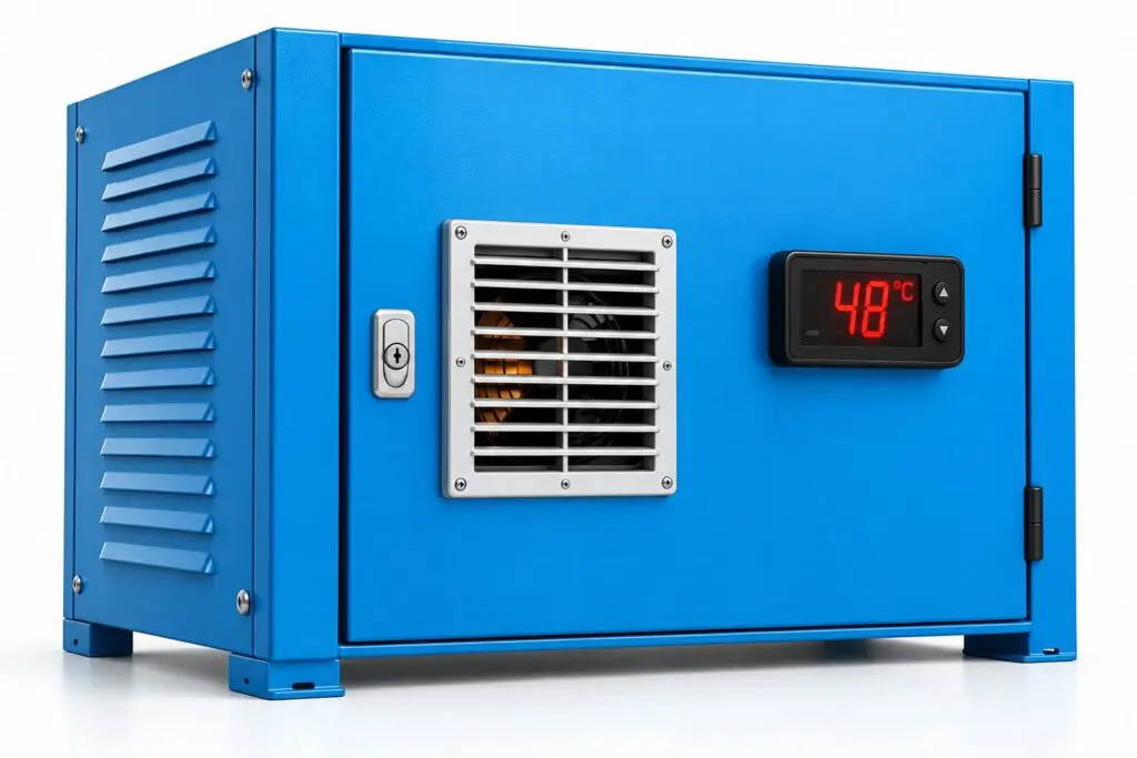 Blue electrical cabinet with a ventilation grille and temperature display reading 48°C.