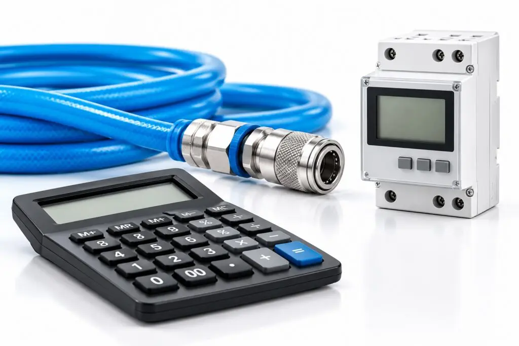 Calculator, compressed-air hose, pneumatic fitting, and electrical energy meter.