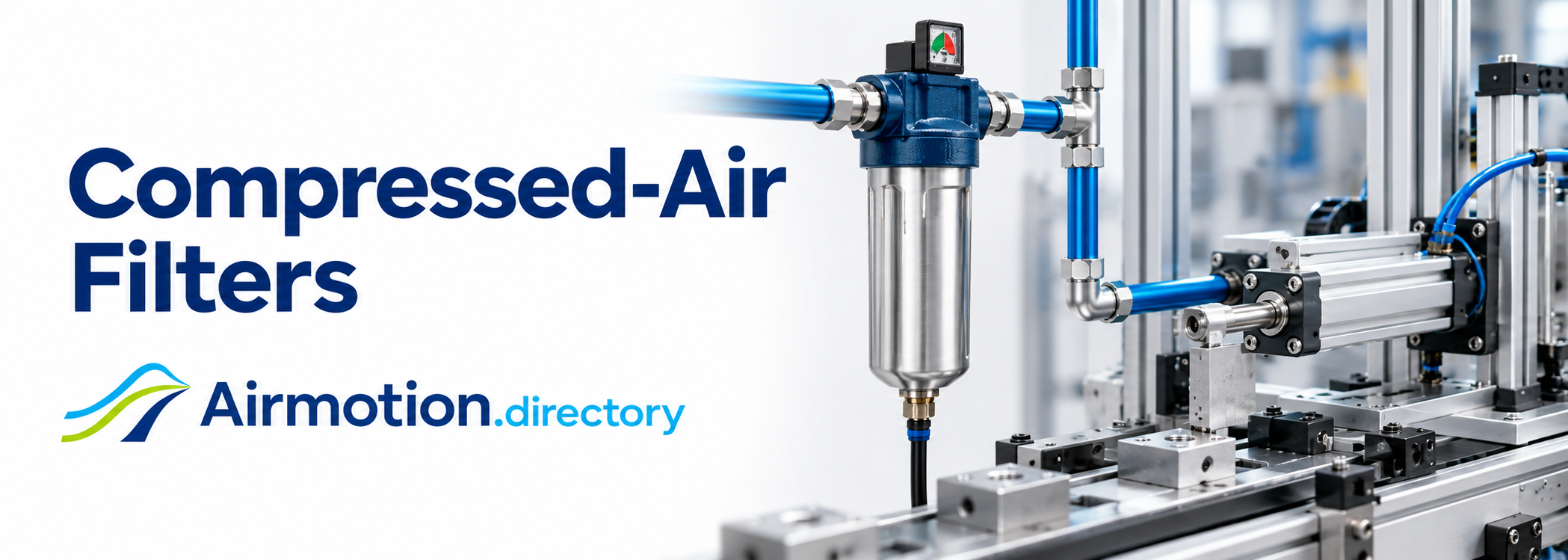 Compressed-Air Filters. Illustration of an inline compressed-air filter supplying a pneumatic assembly machine, with the Airmotion Directory logo.