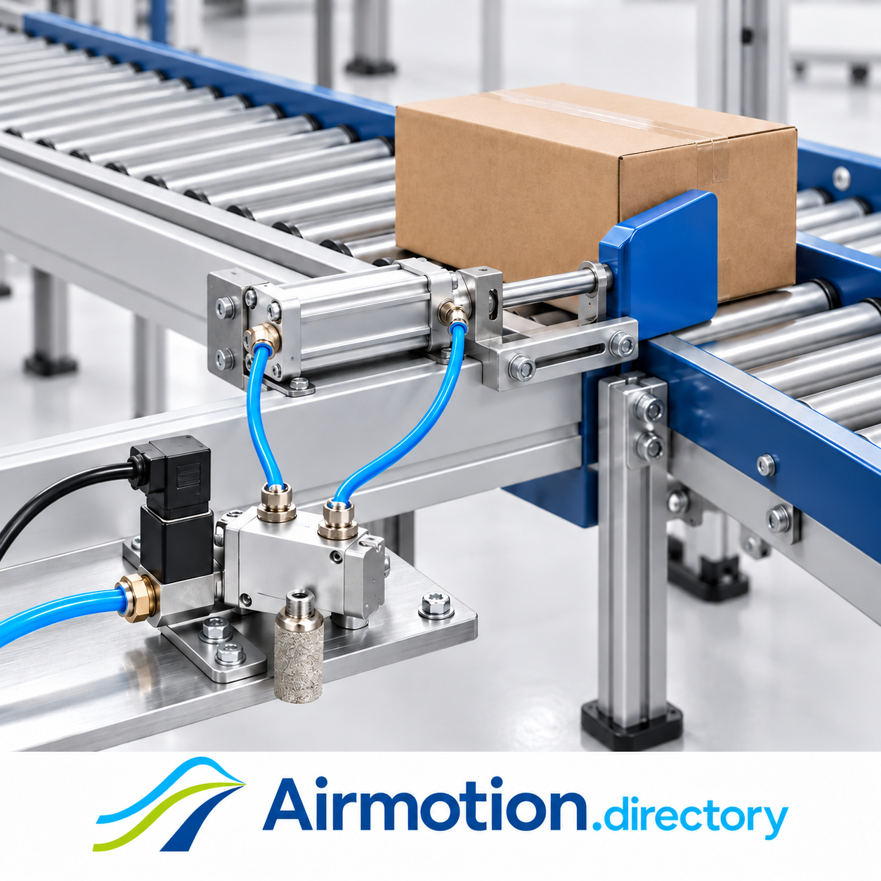 Illustration of a directional control valve operating a double-acting cylinder to divert a carton on a conveyor.