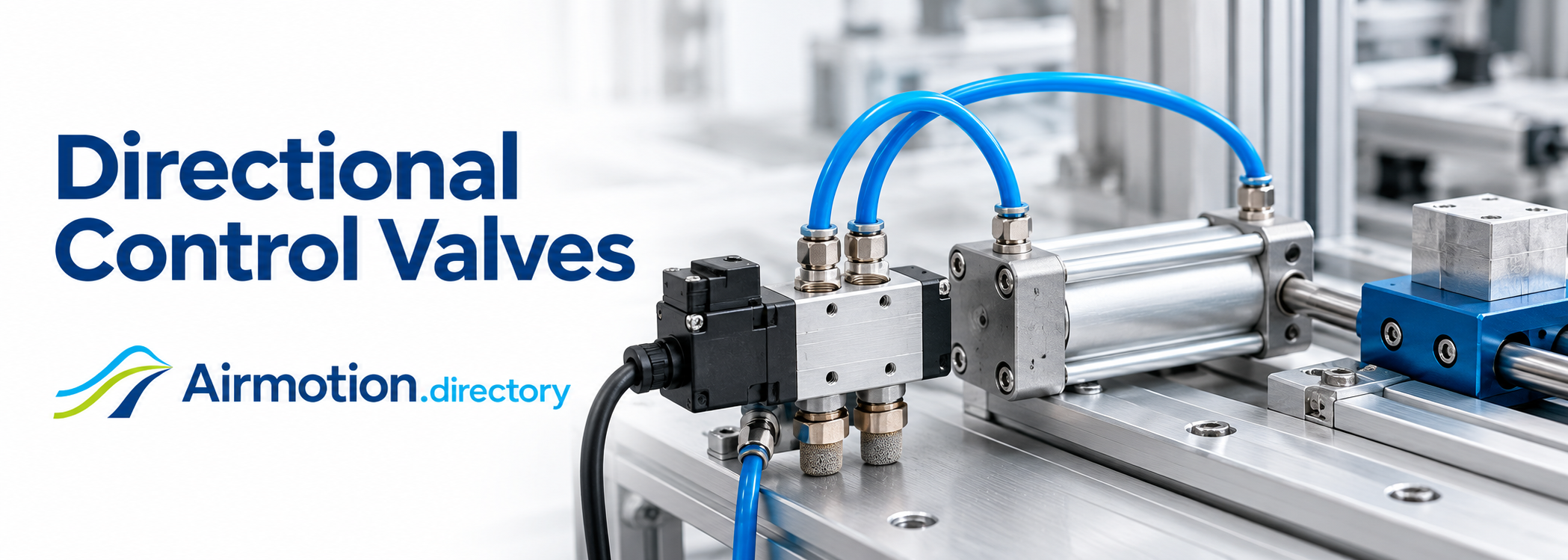 Directional Control Valves banner showing a solenoid valve connected to a pneumatic cylinder and guided slide.