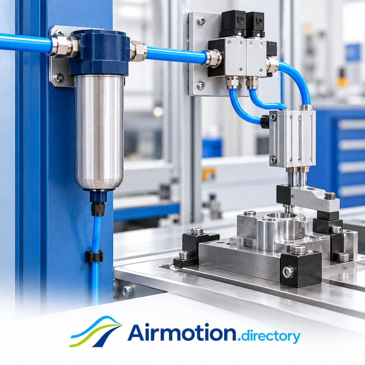 Illustration of an inline compressed-air filter supplying valves and a pneumatic clamp on an assembly fixture.