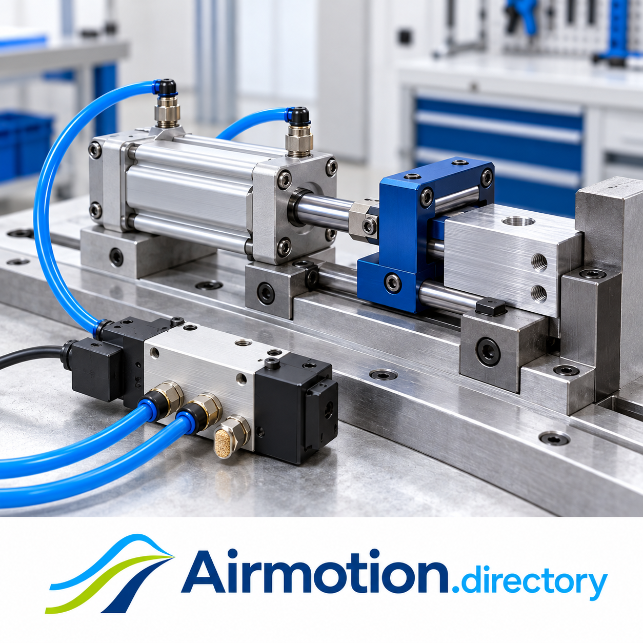 Illustration of a directional valve controlling a pneumatic cylinder that clamps an aluminum workpiece against a stop.