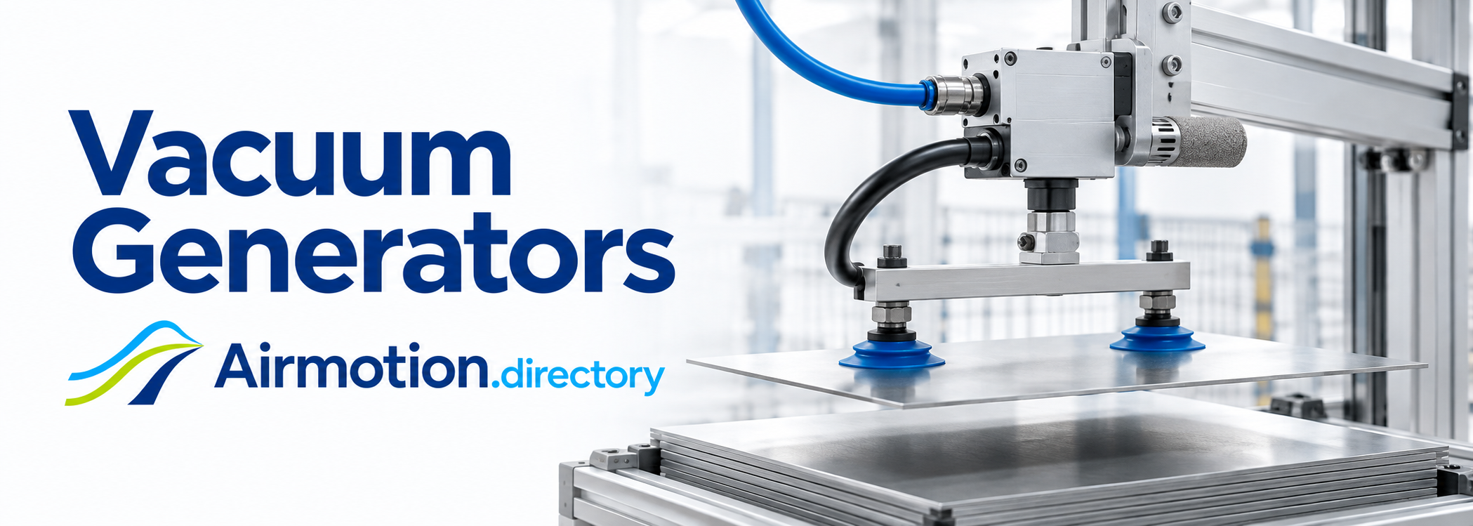 Vacuum Generators banner showing a compressed-air ejector powering suction cups to lift a panel.