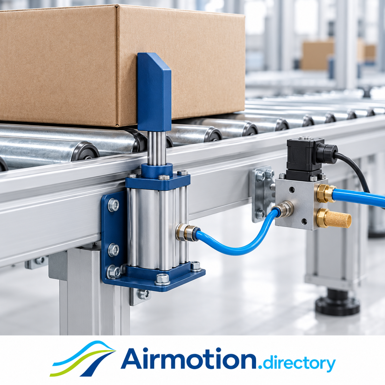 Illustration of a three-port solenoid valve controlling a single-acting carton stop on a roller conveyor.