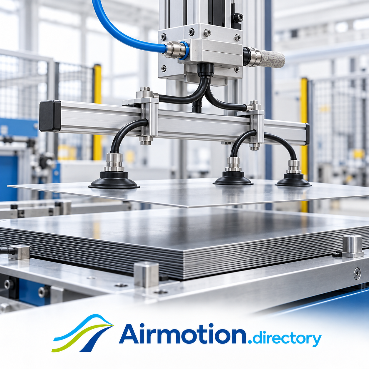 Illustration of a compressed-air vacuum generator powering suction cups to lift a metal sheet from a stack.