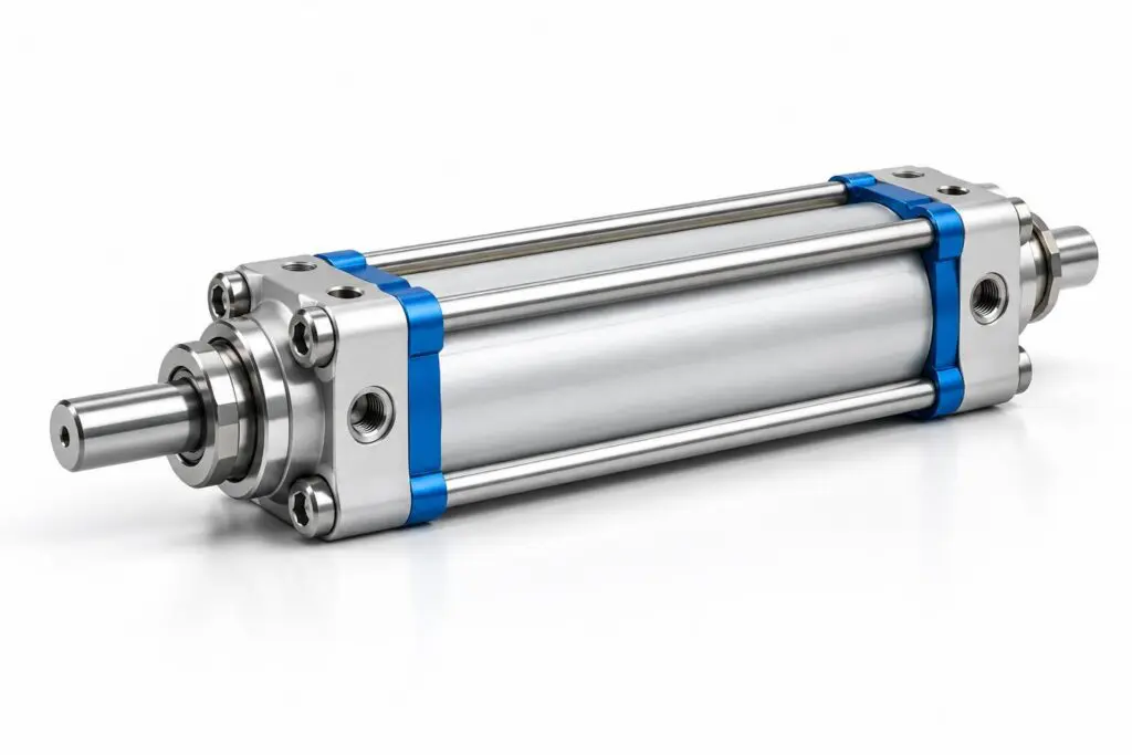 Silver pneumatic cylinder with an extended piston rod and blue accents.