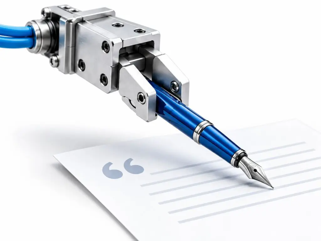 Pneumatic gripper holding a blue fountain pen over a quotation sheet.