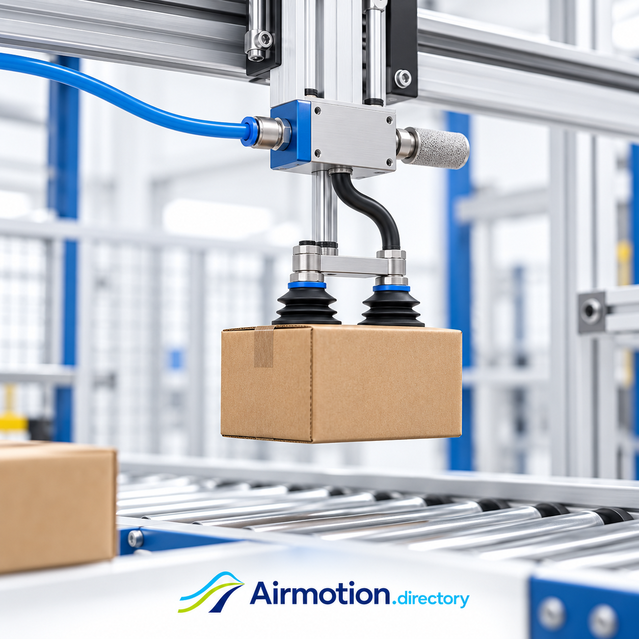 Illustration of a compressed-air vacuum ejector powering suction cups that lift a carton.