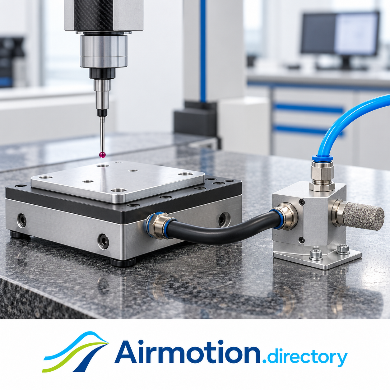 Illustration of a compressed-air vacuum ejector holding a metal plate on a supported inspection fixture.