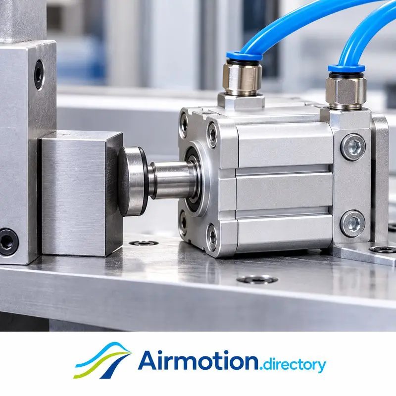 Short-stroke pneumatic cylinder pressing a workpiece against a fixed locator