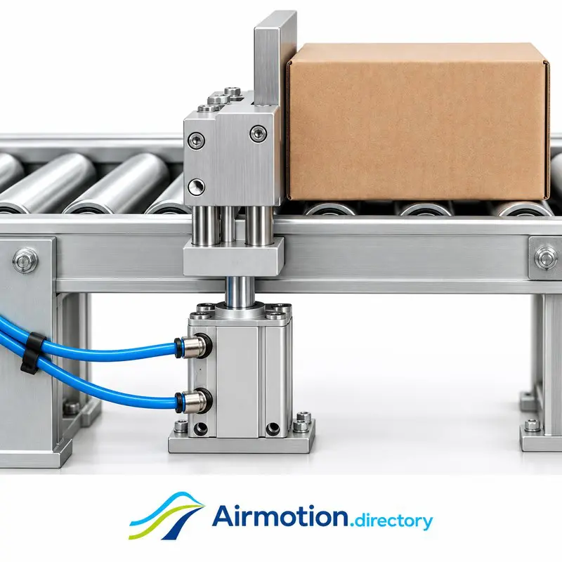 Pneumatic cylinder driving a separately guided stop blade beside a roller conveyor