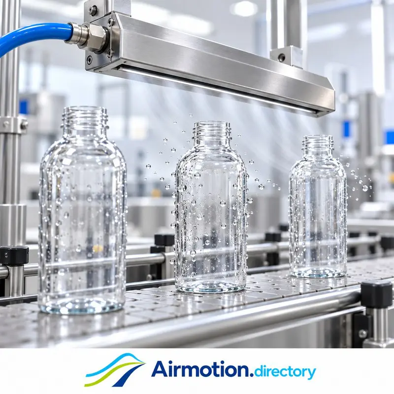 Illustration of a compressed-air knife removing residual water from bottles on a conveyor.
