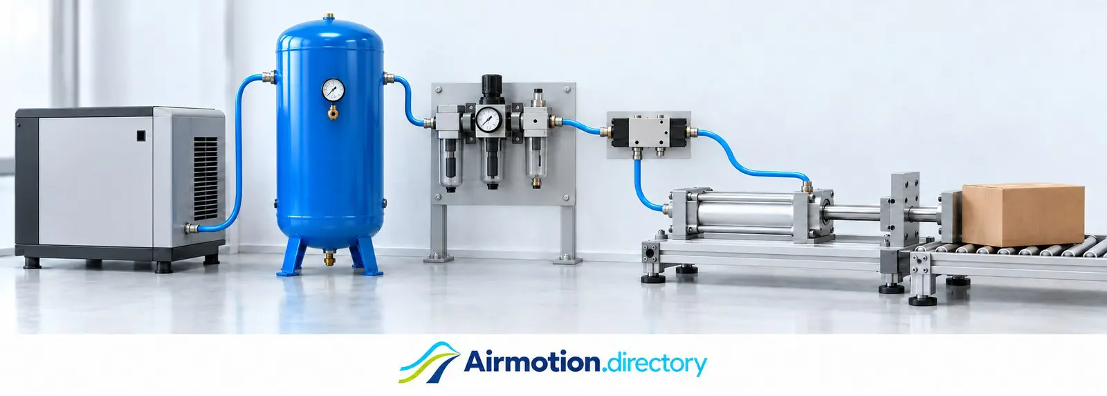 Illustration of a compressor, air receiver and air preparation supplying a valve and pneumatic carton pusher.
