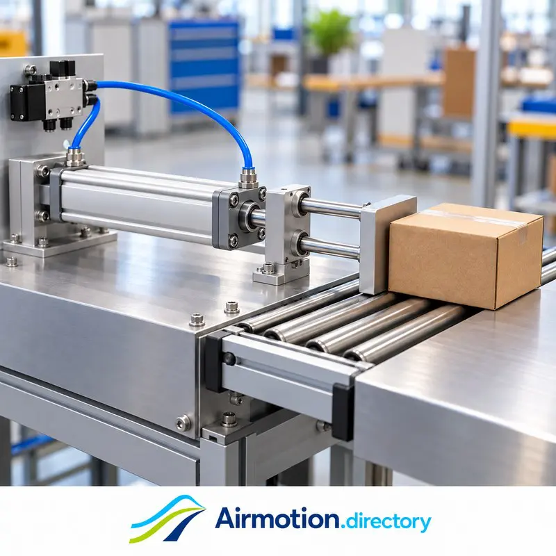 Illustration of a pneumatic cylinder and guided pusher moving a carton across a roller conveyor.
