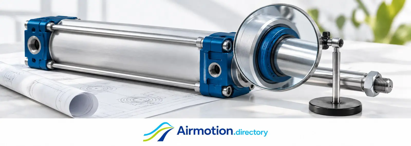 A magnifying glass reveals a detail of a pneumatic cylinder on an engineering drawing.