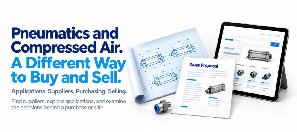 Pneumatics and Compressed Air. A Different Way to Buy and Sell. Applications. Suppliers. Purchasing. Selling. Find suppliers, explore applications, and examine the decisions behind a purchase or sale. Illustrated with a pneumatic blueprint, tablet and sales proposal.
