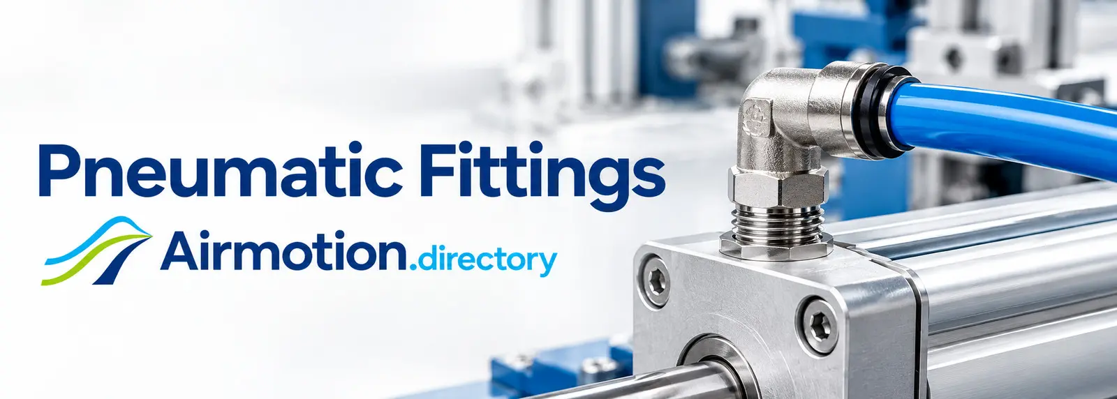Pneumatic Fittings banner showing a push-in elbow connecting blue air tubing to a cylinder port.
