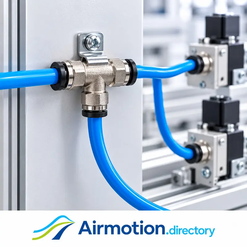 Illustration of a pneumatic tee fitting branching a blue compressed-air supply to machine connections.