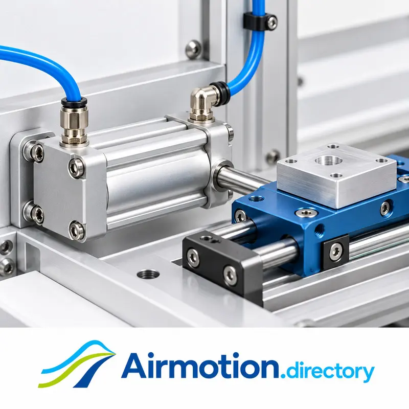 Illustration of straight and elbow pneumatic fittings routing blue tubing to a double-acting cylinder.
