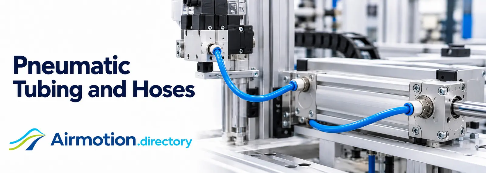 Pneumatic Tubing and Hoses banner showing blue air lines connected to an industrial pneumatic cylinder.