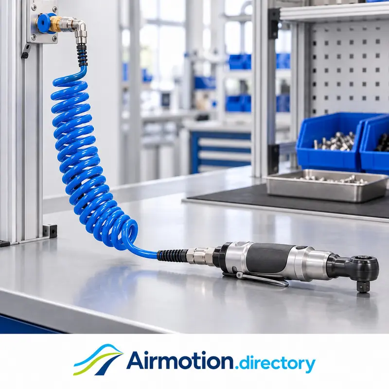 Illustration of a blue retractile air hose supplying a pneumatic ratchet on an assembly workbench.