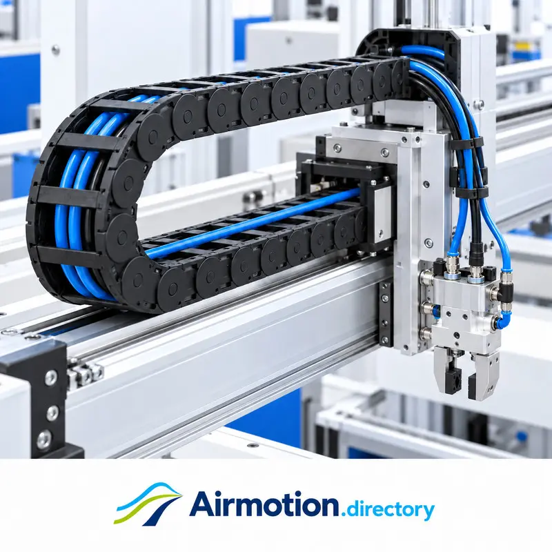 Illustration of pneumatic tubes supported inside a moving cable carrier and connected to a machine gripper.