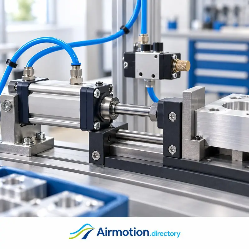 Illustration of a pneumatic cylinder moving a guided fixture on a workbench.