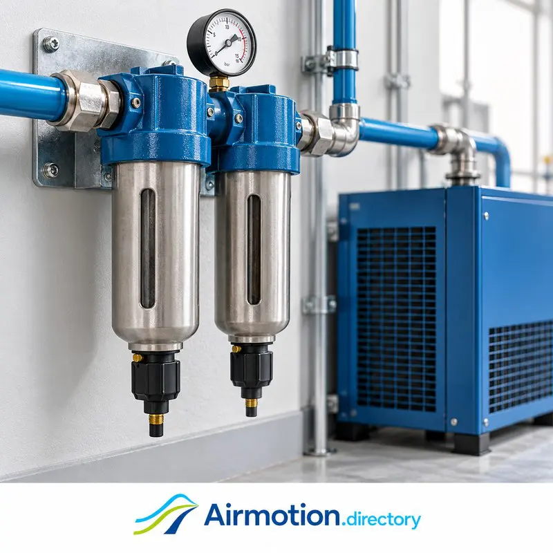 Illustration of inline compressed-air filters with a dryer in the background.