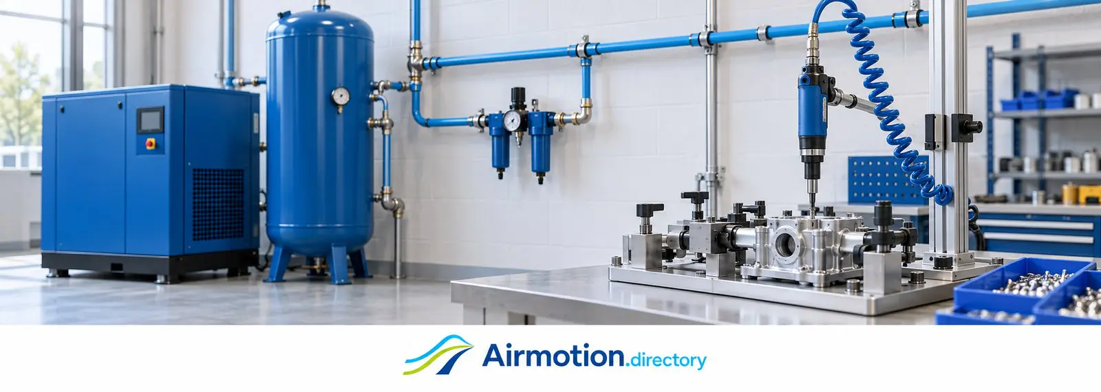 Illustration of an air compressor and receiver supplying a pneumatic workshop fixture.