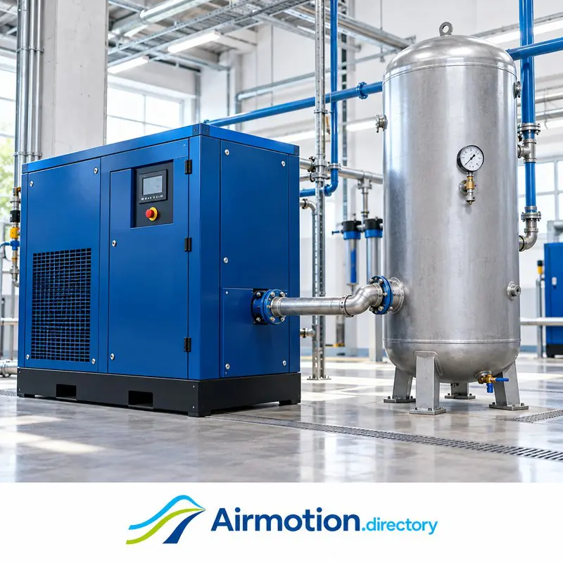 Illustration of an enclosed air compressor connected to a vertical air receiver.