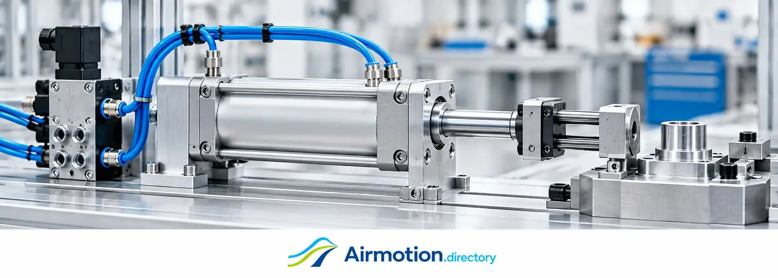 Illustration of a pneumatic cylinder, valve and guided fixture in an assembly workstation.