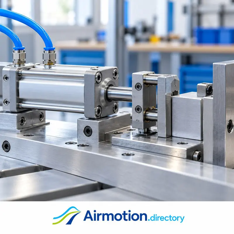 Illustration of a pneumatic cylinder driving a guided clamp against a workpiece.