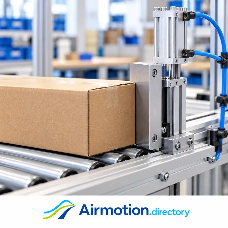 Illustration of a pneumatically operated guided stop holding a carton on a conveyor.
