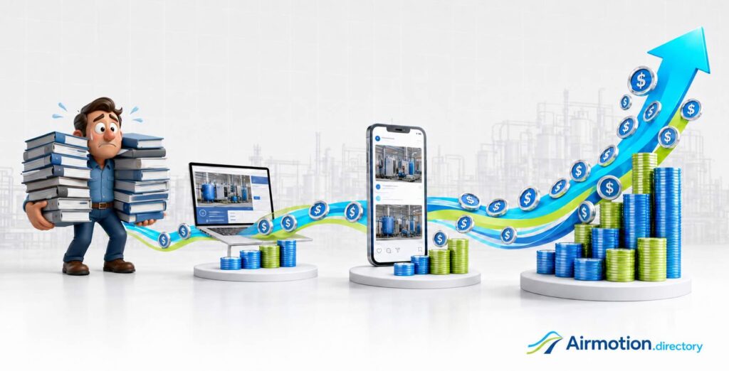 evolution of compressed air and pneumatics sales door to door catalog, online, mobile, and now ai